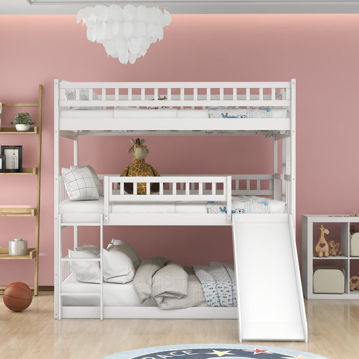 Full Over Full Over Full Triple Bed With Built-In Ladder And Slide, Triple Bunk Bed With Guardrails - White