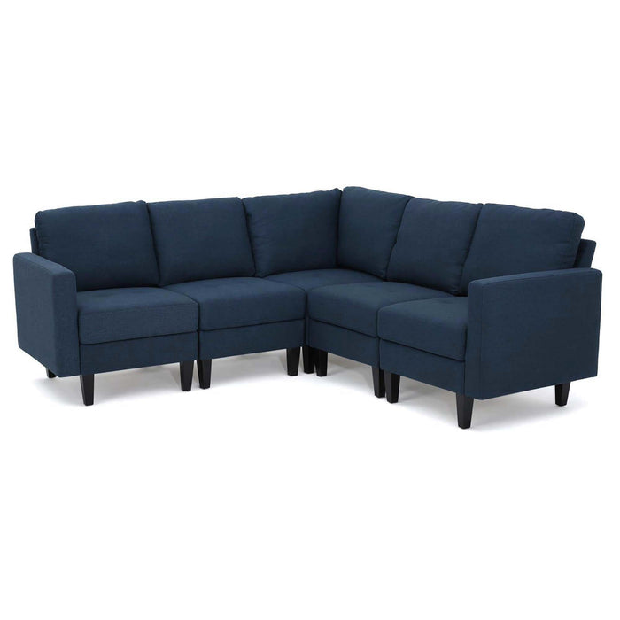 Comfy 5 Pieces L Shaped Sofa With Wooden Legs, Modern Side Chairs For Living Room - Navy Blue