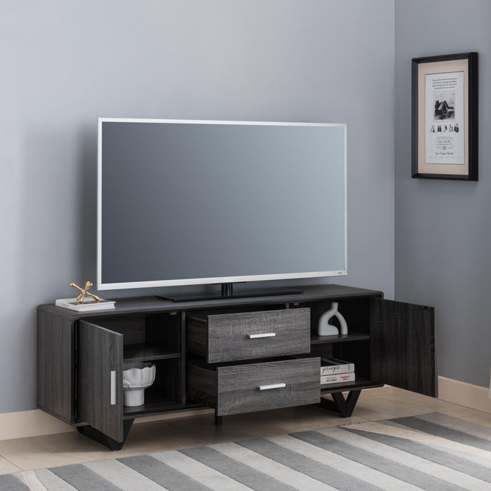 Modern Wooden 60" TV Stand With Two Center Drawers, Two Storage Cabinets - Distressed Grey & Black