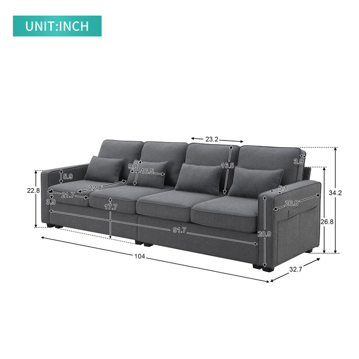 4 Seater Modern Linen Sofa With Armrest Pockets And 4 Pillows, Minimalist Style Couch For Living Room