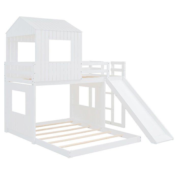 Wooden Twin Over Full Bunk Bed, Loft Bed With Playhouse, Farmhouse, Ladder, Slide And Guardrails - White