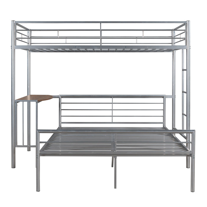 Twin Over Full Metal Bunk Bed With Desk, Ladder And Quality Slats For Bedroom - Silver