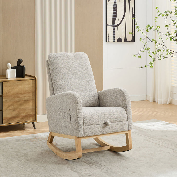 Rocking Chair For Nursery, High Back Glider Chair With Retractable Footrest, Side Pocket, Rocking Accent Armchair With Rubber Wood Legs For Living Room / Bedroom