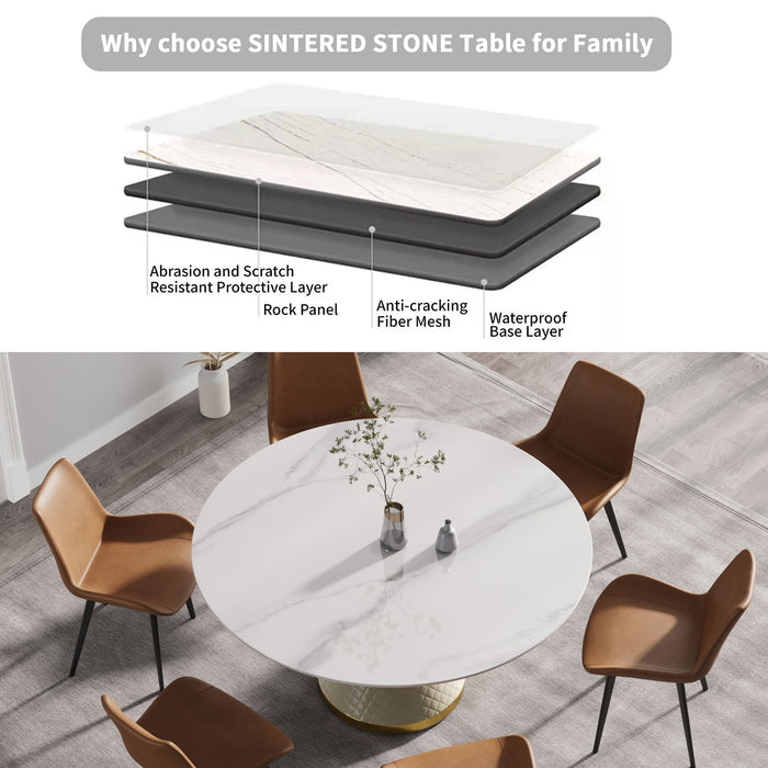 Modern Artificial Stone Round Carbon Steel Base Dining Table, Can Accommodate 6 People