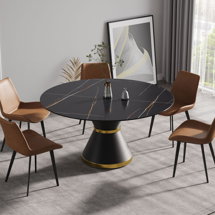 59.05" Modern Artificial Stone Round Black Carbon Steel Base Dining Table, Can Accommodate 6 People - Black