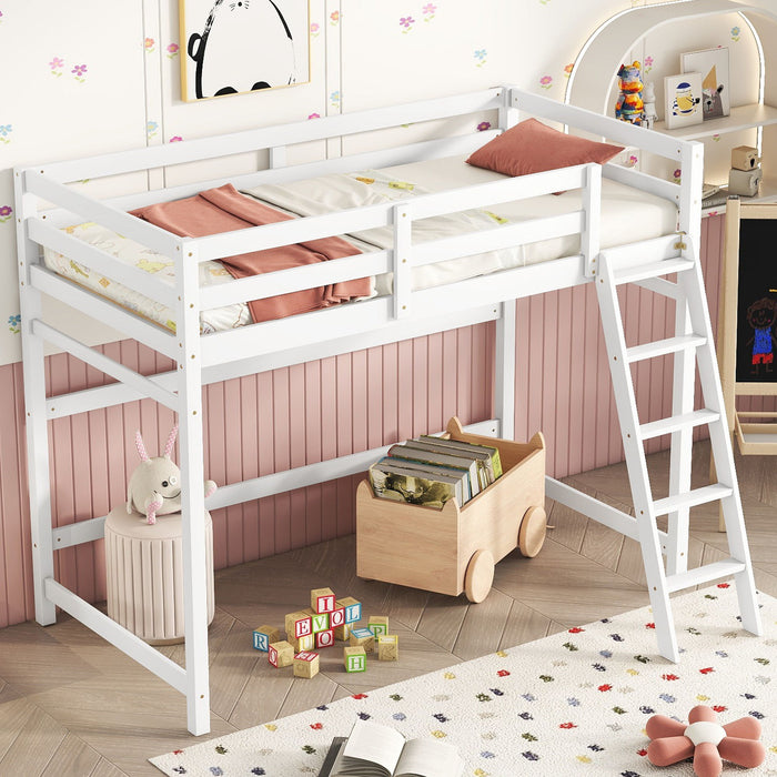 High Loft Bed With Inclined Ladder, Guardrails