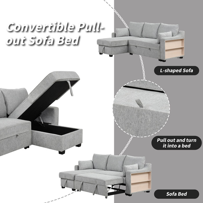 Pull Out Sleeper Sofa L-Shaped Couch Convertible Sofa Bed With Storage Chaise, Storage Racks And USB Ports