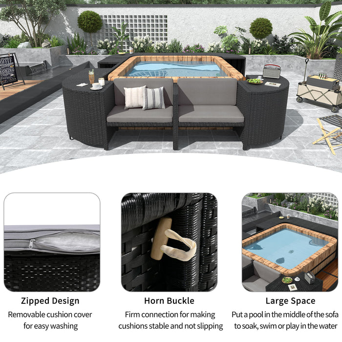 Spa Surround Spa Frame Quadrilateral Outdoor Rattan Sectional Sofa Set With Mini Sofa, Wooden Seats And Storage Spaces