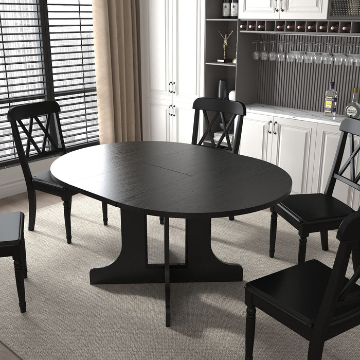 Dining Table For Farmhouse Kitchen Expandable Oval Table Top With Removable Leaf Trestle X Shaped Base - Black