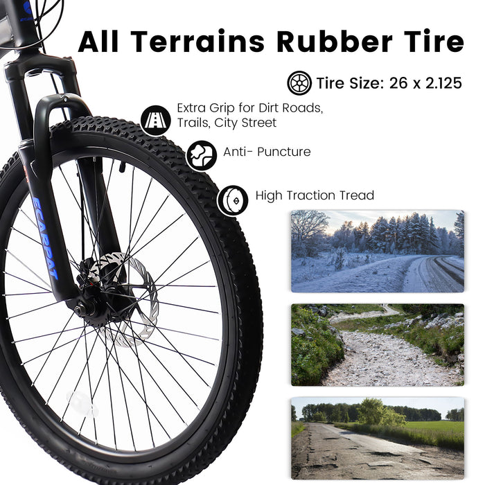 A2660 Mountain Bike 26" Wheels, 21 Speed Full Suspension Mens Womens Trail Commuter City Mountain Bike, Carbon Steel Frame Disc Brakes Thumb Shifter Front Fork Rear Shock Absorber Bicycles