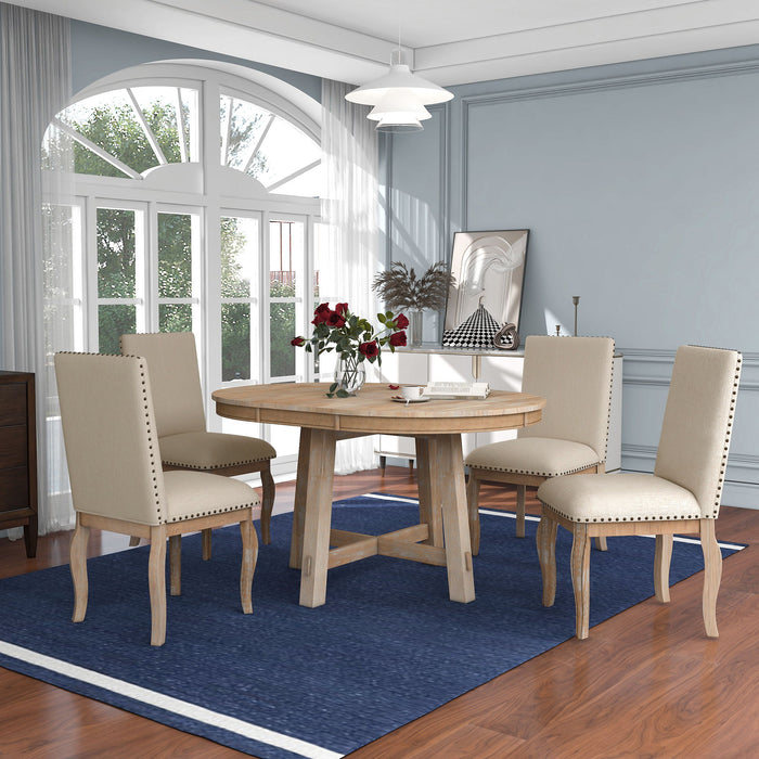 Farmhouse Dining Table Set Wood Round Extendable Dining Table And Upholstered Dining Chairs