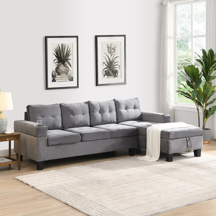 Modern 4 Seat Sectional Sofa With L Shape Right Lounge Storage Chaise, Cup Holder - Gray