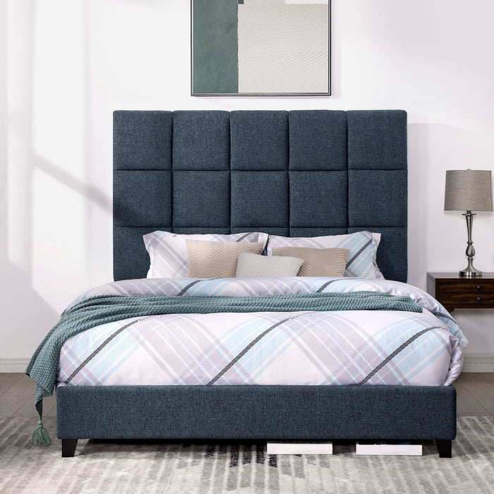 Queen Size Navy Blue Denim Squares Upholstered Platform Bed