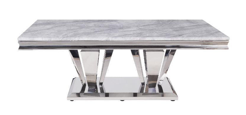 Satinka - Coffee Table - Light Gray Printed Faux Marble & Mirrored Silver Finish