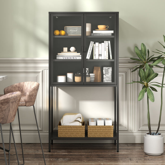 Heavy Duty Metal Storage Cabinet, Display Storage Cabinet With Glass Doors And 2 Adjustable Shelves, Tall Bookcase Modern Bookshelf Cabinet For Home Office, Living Room, Pantry