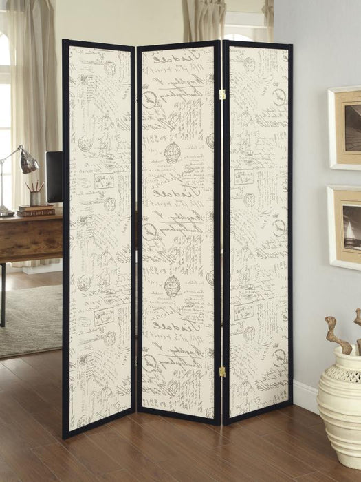 French Script - 3-panel French Script Print Folding Screen Espresso