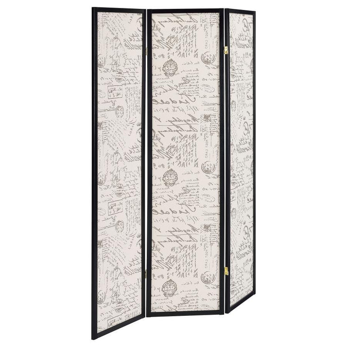 French Script - 3-panel French Script Print Folding Screen Espresso