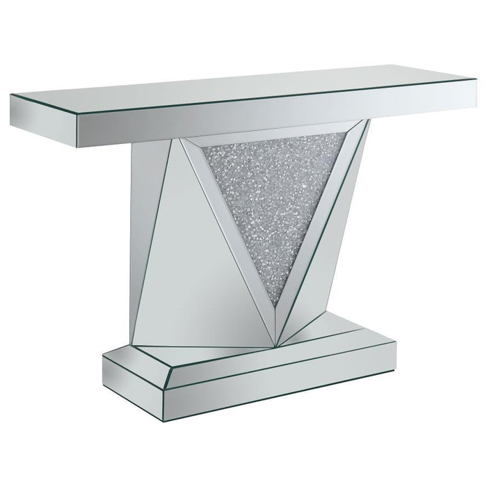 Rectangular Sofa Table With Triangle Detailing Silver And Clear Mirror