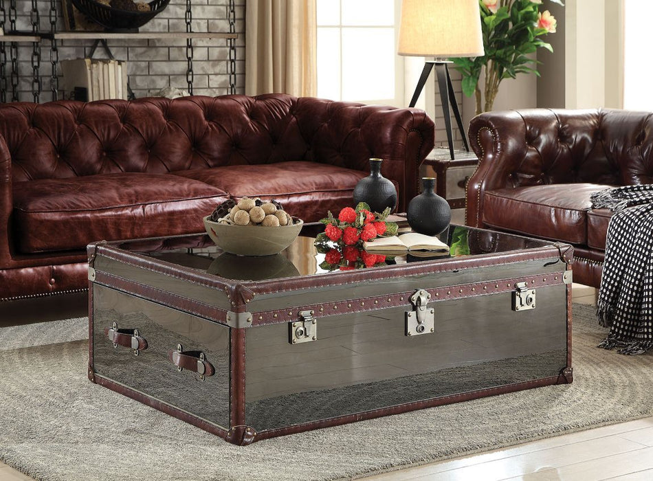 Aberdeen - Coffee Table - Vintage Dark Brown Top Grain Leather & Stainless Steel