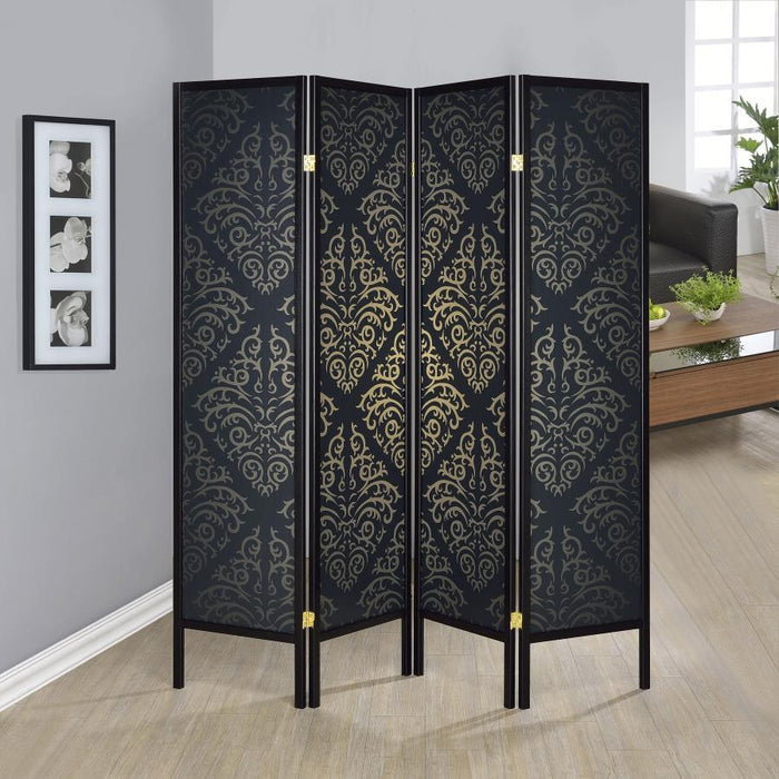 4-panel Damask Pattern Folding Screen Black