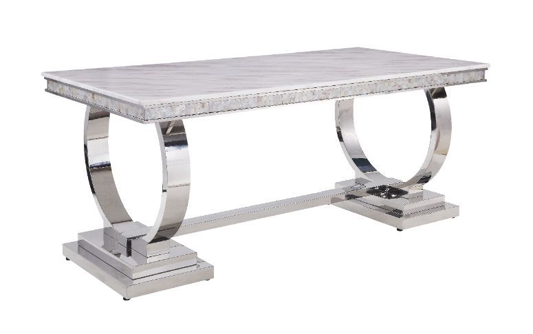 Zander - Dining Table - White Printed Faux Marble & Mirrored Silver Finish