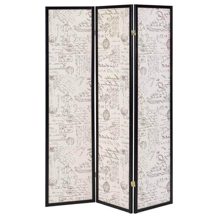 French Script - 3-panel French Script Print Folding Screen Espresso