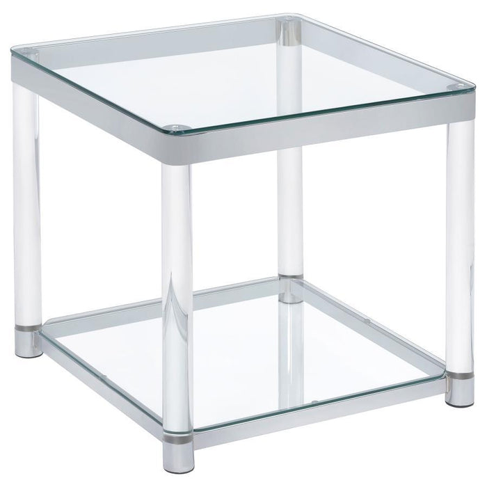 Living Room: Glass Top Occasional Tables - Claude End Table With Lower Shelf Chrome And Clear