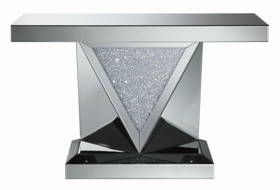 Rectangular Sofa Table With Triangle Detailing Silver And Clear Mirror