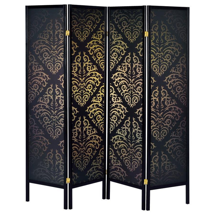 4-panel Damask Pattern Folding Screen Black