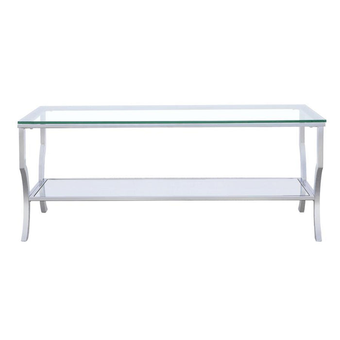 Living Room: Glass Top Occasional Tables - Rectangular Coffee Table With Mirrored Shelf Chrome