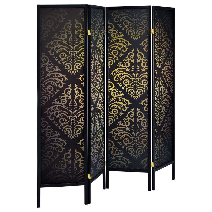 4-panel Damask Pattern Folding Screen Black